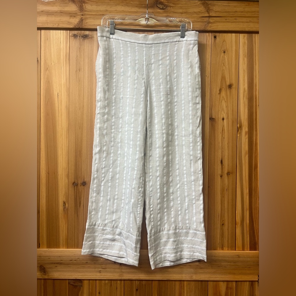 Loft Tan & White Linen Blend Wide Leg Pull On Cropped Pants Size S